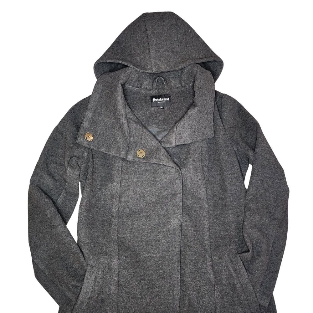 Betabrand Peacoat Womens M Gray Long Trench Asymmetrical All Day Snap‎ Jacket